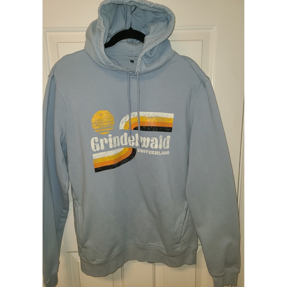 Switzerland Grindelwald Graphic Hoodie Womens XL 70s logo Side Slit Pockets Blue